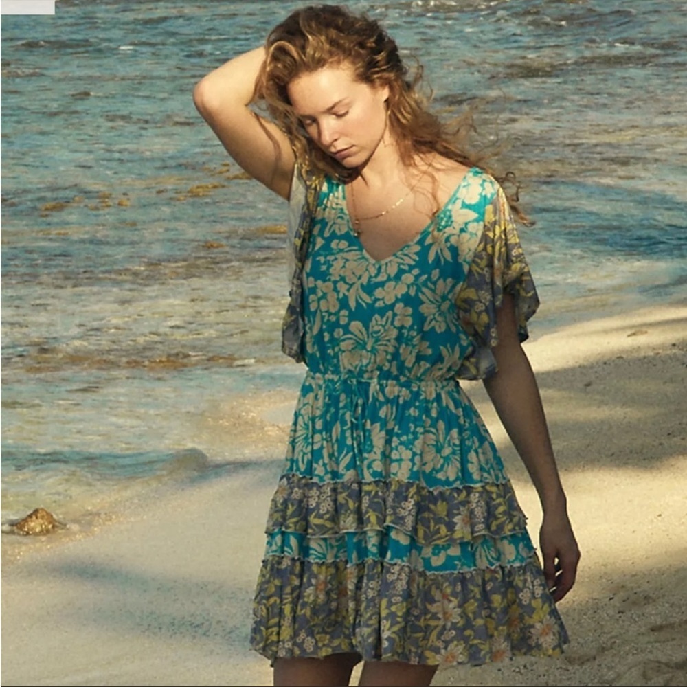 Teal Floral Flutter-Sleeve Tiered Dress - Women's